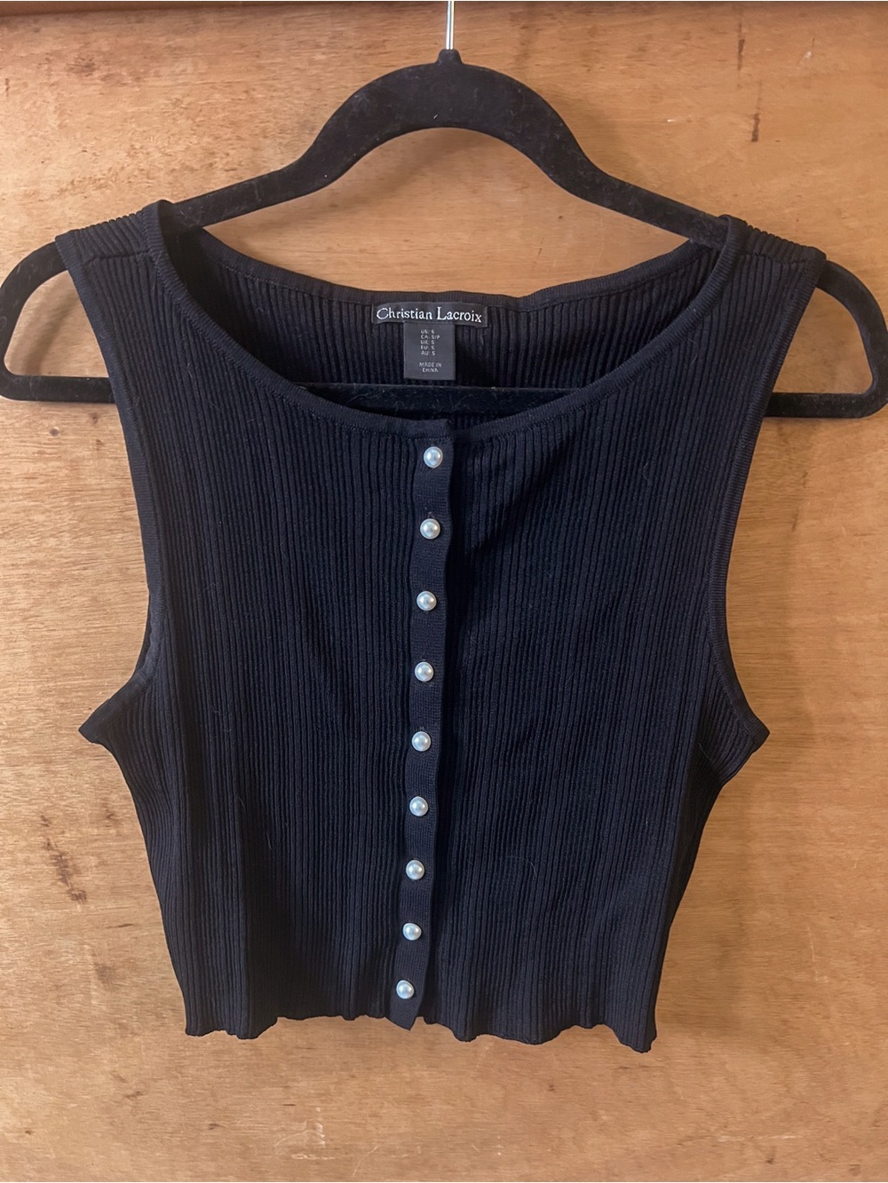 Vintage Christian Lacroix Black Ribbed Pearl-Button Cropped Tank